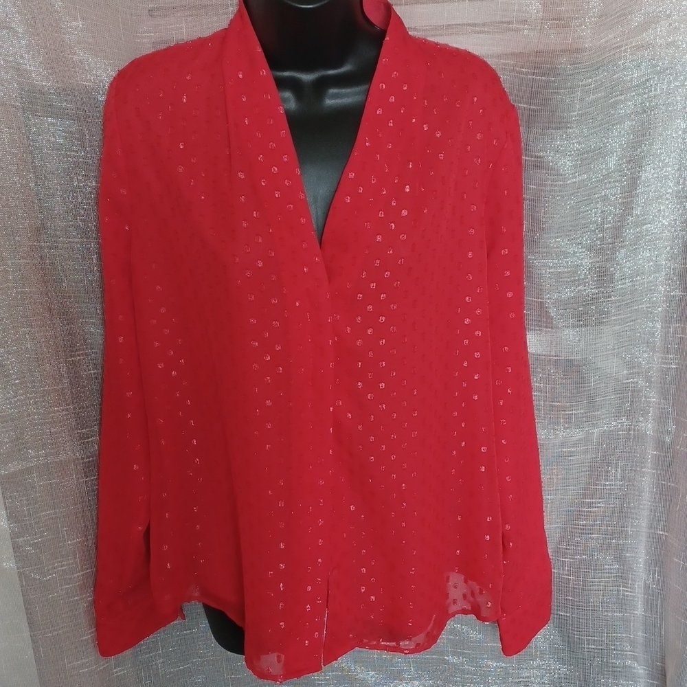 Halogen Red with metallic thread dots, Long Sleeve V-Neck Blouse M